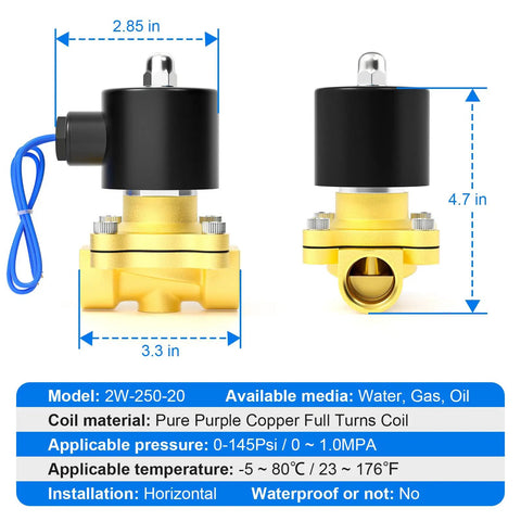 Front and side view of Brass Electric Solenoid Valve, 1 Inch NPT, AC110V, Normally Closed, for water air diesel lines.