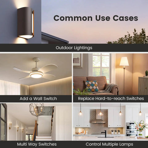 Wireless Light Switch And Receiver Kit No Wiring Needed No WiFi Required 100 Ft Range 15A with various lighting uses displayed