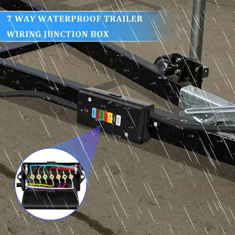 Image of a 7 Way Trailer Junction Box Weatherproof With Color Coded Terminal Studs 7 Pole Wire Box installed on a trailer frame.