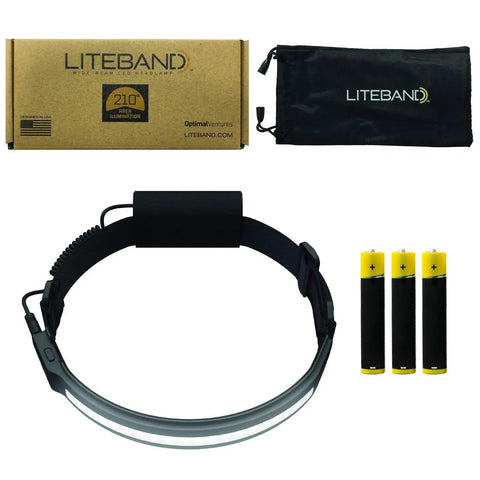 Liteband Activ LED Headlamp With 350 Lumens, box, carry bag, adjustable strap, 3 AAA batteries, carbon finish, 210-degree beam