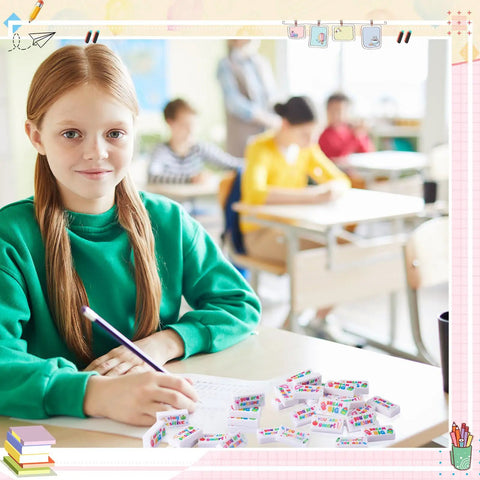 Child in classroom using 180 Piece Motivational Erasers Bulk For Kids And Classroom Use with Six Uplifting Designs.