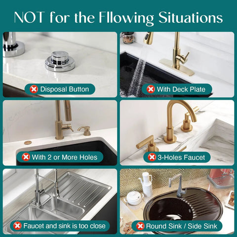 Six-panel infographic collage of a kitchen faucet mat showing incompatible sink configurations and warnings.