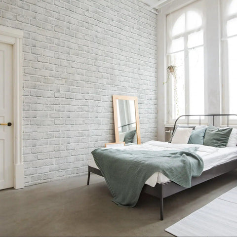 Bedroom with Peel And Stick Dope Faux Brick Wallpaper 17.7 By 118.1 Inches White And Gray Removable Self Adhesive Brick Wall Cover