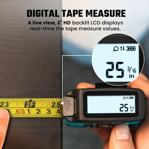 No Brainer 3 In 1 Laser Tape Measure With App Sync For Easy Data Transfer, 130 Feet Laser Distance Meter, 16 Feet Waterproof Digital Tape, Area Volume Pythagorean Mode, Rechargeable Battery And Fast App Connectivity. Digital tape measure with LCD reading 25 3/16 in.