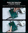 Person adjusting 40 Slot Looper Guitar Pedal With 160 Minutes Loop Time Dual Footswitch Screen Stereo Output Fade Out USB Data Management.