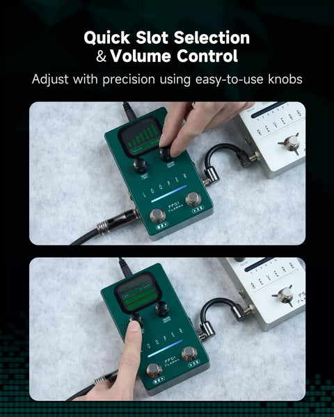 Person adjusting 40 Slot Looper Guitar Pedal With 160 Minutes Loop Time Dual Footswitch Screen Stereo Output Fade Out USB Data Management.