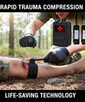 Two Pack Gen 4 Tactical Tourniquets With Metal Twisting Rods, 1.5 Inch Compression Band, No Nonsense EMT Ready IFAK Pouch First Aid Kit For Fast Emergency Care in use on a leg in a forest setting.