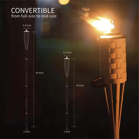 Citronella Bamboo Torches 4 Pack in Brown, 60 Inch Tall Outdoor Lighting Stakes, shown lit with flame, convertible height diagram