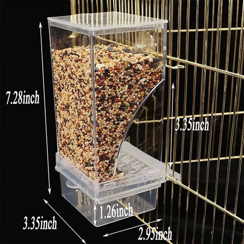 No Mess Premium Clear Acrylic Bird Cage Feeder Two Pack featuring a seed hopper for lovebirds and finches, dimensions labeled.