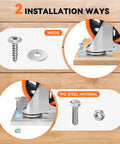 Installation options for Built Tough 5 Inch Swivel Caster Wheels with Dual Brakes on wood and steel surfaces.