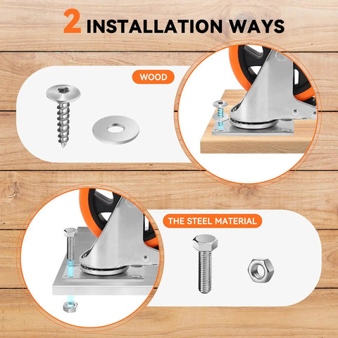 Installation options for Built Tough 5 Inch Swivel Caster Wheels with Dual Brakes on wood and steel surfaces.