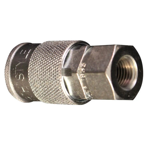 Rock Solid 1/4 Fnpt Air Coupler H Style Pneumatic Quick Connect showing metal design and threaded end, ideal for shop use.