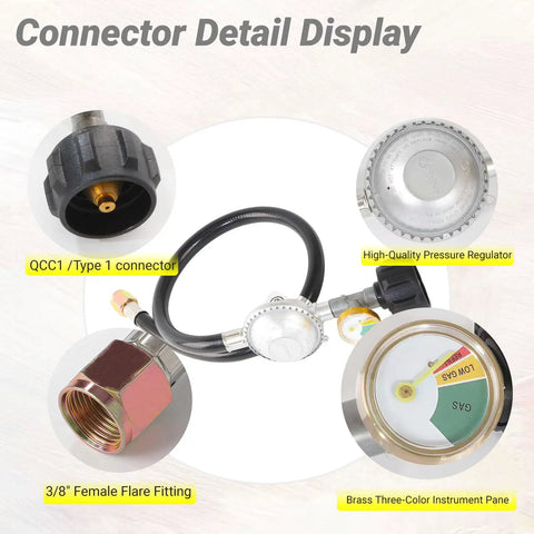 2 Feet Propane Hose With Regulator And Gauge For Low Pressure LP Gas Grills Patio Heaters And Fire Pits Three Eighths Inch Female Flare Fitting Brass Luminous Dial High Quality Braided Hose connector display