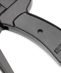 Close-up of a black handle of Zip Tie Gun And Cable Tie Install Tool With Adjustable Tension No Fuss Built In Cutter For Easy Cable Management Works With Nylon Ties Up To Quarter Inch Black.