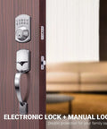 Keypad Deadbolt With Handle And Polo Knob Keyless Electronic Door Lock With One Touch Motorized Locking Auto Locking DIY Friendly Install Satin Nickel Finish Single Cylinder Front Door Lock ANSI Grade Three Security on wooden door