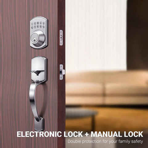Keypad Deadbolt With Handle And Polo Knob Keyless Electronic Door Lock With One Touch Motorized Locking Auto Locking DIY Friendly Install Satin Nickel Finish Single Cylinder Front Door Lock ANSI Grade Three Security on wooden door