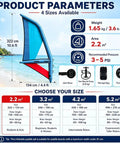 Infographic showing Inflatable Kite Surf Wing Foil Sail With 360 Rotation Base, Foot Straps, And One-Way Air Pump Kit For Stand Up Paddleboard Surfing Training, Lightweight Yet Durable Oxford Cloth And PVC Construction, 2.2m specifications and size options.