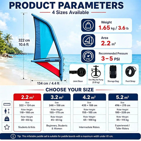 Infographic showing Inflatable Kite Surf Wing Foil Sail With 360 Rotation Base, Foot Straps, And One-Way Air Pump Kit For Stand Up Paddleboard Surfing Training, Lightweight Yet Durable Oxford Cloth And PVC Construction, 2.2m specifications and size options.