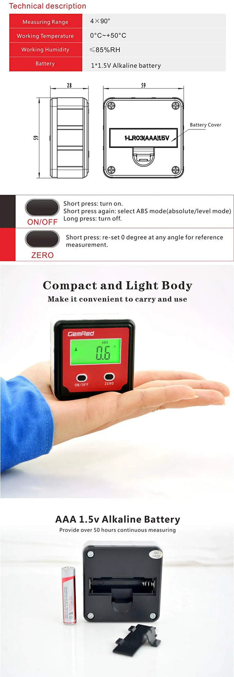 Digital Angle Gauge DAG V1 with backlit display in hand showing 0.6 degree on green backlight, compact pro-grade tool