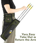 Dope Hip Quiver For Arrows With 3 Tube Holder And Slim Side Pockets worn by archer showing arrow placement, Army Green