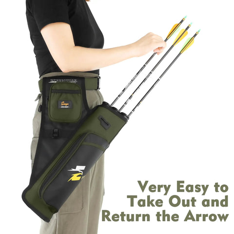 Dope Hip Quiver For Arrows With 3 Tube Holder And Slim Side Pockets worn by archer showing arrow placement, Army Green