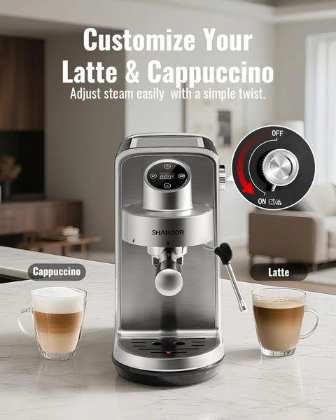 Level Up Your Daily Grind With This Solid 20 Bar Semi Auto Espresso Machine featuring a touchscreen and steam dial for lattes.