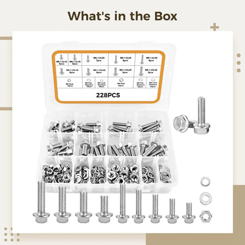 Pro Grade M6 M8 Metric Hex Bolt Kit With Flange Bolts Stainless Steel Hardware Fastener Set 228 Piece Including Nuts
