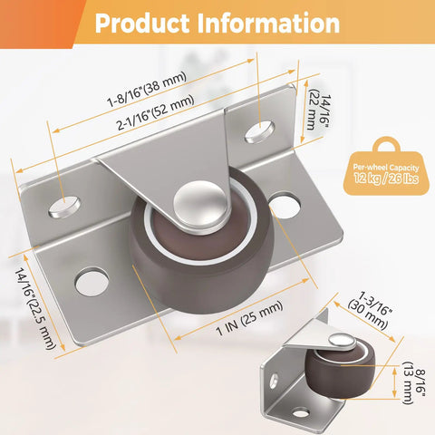 Heavy Duty One Inch Low Profile Side Mount Caster Wheels With Solid Rubber Fixed Rollers For Wooden Furniture Cabinets And Drawers, dimensions shown