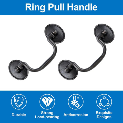 Oil Rubbed Bronze Ring Pull Handles 4 Pack, Vintage Style Cabinet Drawer Pulls with 86mm Center Hole shown with design features.