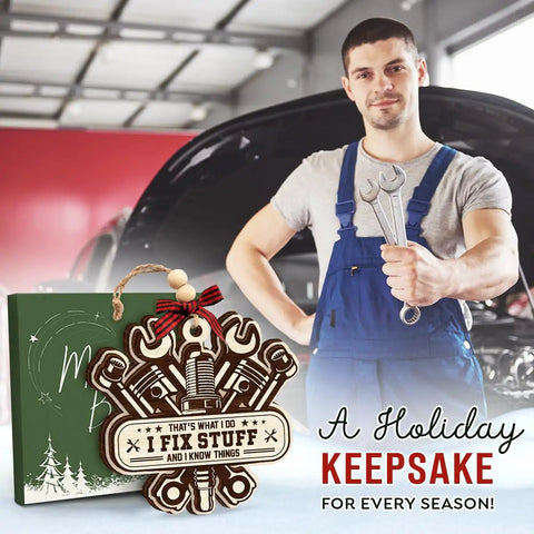 Wooden Gearhead Mechanic Ornament For Christmas Tree Decor next to mechanic with wrenches, gift box included