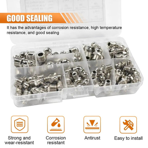 60 Piece Metric Grease Fittings Kit With M6 M8 M10 Zerk Adapters in storage case showing nickel plated carbon steel set