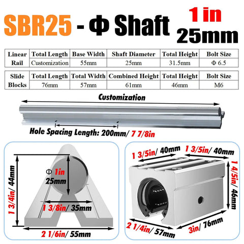 Heavy Duty SBR Linear Slide Rail Set For Precision Machine Tools With 2000 Lbs Load Bearing Steel Block dimensions and specifications