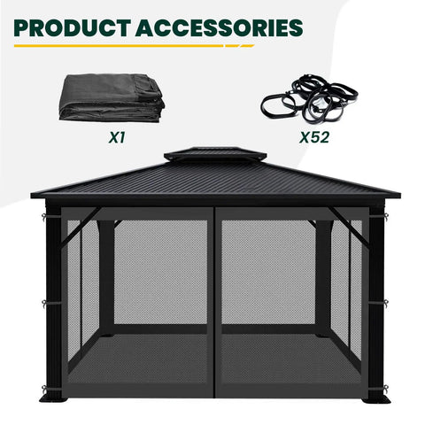 Universal Replacement Mosquito Netting For 10x10 Gazebos With Four Panel Sidewalls shown with hooks and packaging.