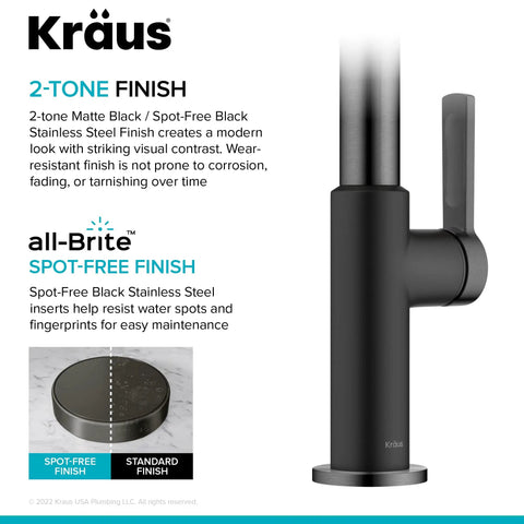 Oletto Single Handle Kitchen Bar Faucet In Matte Black And Spot Free Black Stainless Steel Finish close-up on handle design