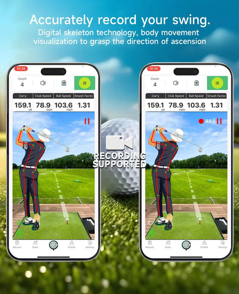Golf Launch Monitor Pro X1 Plus For Home And Training, Real Time Swing Analysis With Spin Rate Spin Axis and Swing Speed shown on phone screens
