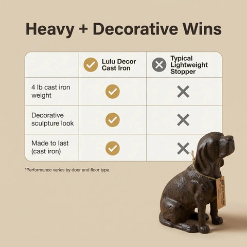 Hand Crafted Cast Iron Dog Door Stopper Antique Black Finish Sturdy 4 Lb Statue Sculpture next to comparison chart
