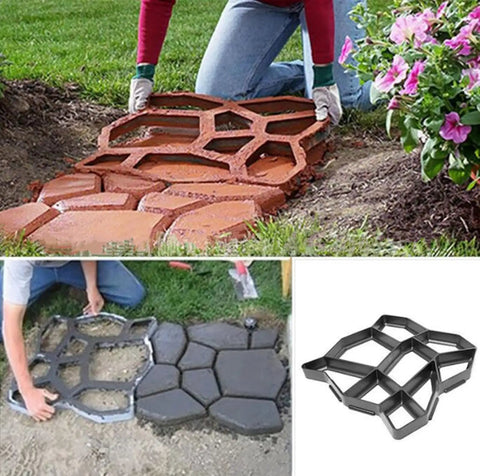 Person using two packs concrete slab molds for walkways and paths irregular grid pavement mold for driveways patios and garden paths do it yourself stone look frame mold set creating custom brick slate and stone style paths black 34 cm