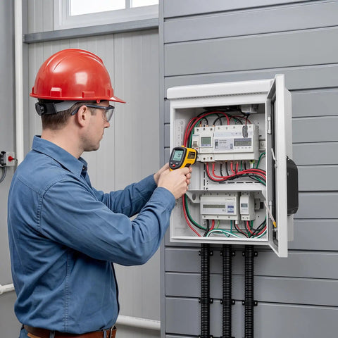 Technician inspecting Badass Outdoor Electrical Junction Box Cold Rolled Steel Ip65 Waterproof Weather Ready Enclosure with thermostat.