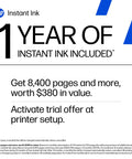Image highlighting 1-year Instant Ink trial included with OfficeJet Pro 8139e Wireless All In One Color Inkjet Printer.