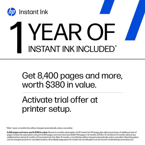 Image highlighting 1-year Instant Ink trial included with OfficeJet Pro 8139e Wireless All In One Color Inkjet Printer.
