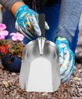 Gardener using Stainless Steel Garden Hand Trowel Go To Transplanting And Soil Loosening Tool Small Square Shovel with ergonomic grip.