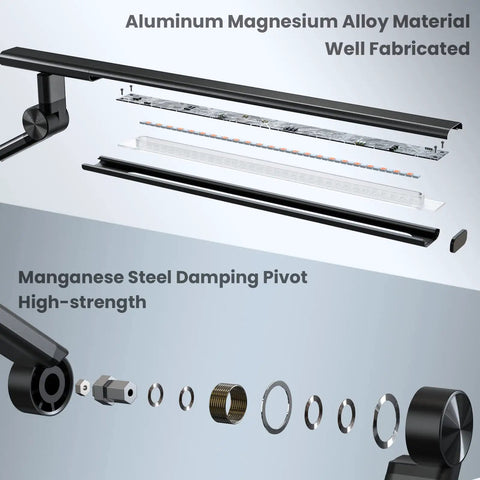 Exploded view of LED Desk Lamp With Clamp For Home Office showing aluminum magnesium alloy body and manganese steel pivot components.