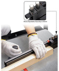 User adjusting Rugged Aluminum Table Saw Miter Gauge Designed With Reliable Flip Stop Fence And Rapid Adjustable Locks Compatible With Router And Band Saw 3 8 By 3 4 Inch T Slot Offers Badass Stability For Daily Shop Work.