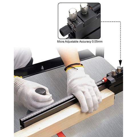 User adjusting Rugged Aluminum Table Saw Miter Gauge Designed With Reliable Flip Stop Fence And Rapid Adjustable Locks Compatible With Router And Band Saw 3 8 By 3 4 Inch T Slot Offers Badass Stability For Daily Shop Work.