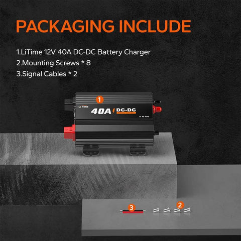 Heavy Duty 12V 40A DC To DC Lithium Battery Charger With Smart Multi Stage Charging Plus 14.6 Volt Output and M8 Terminal with included accessories.