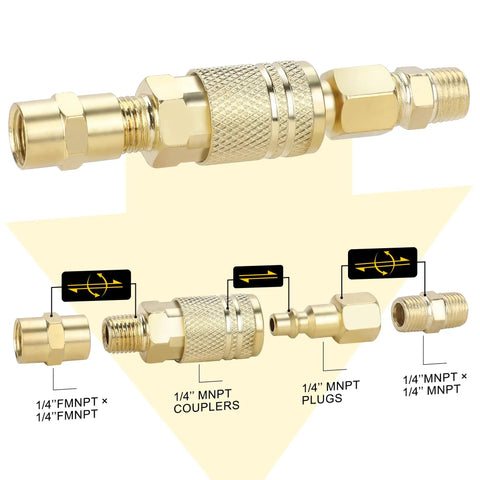 One Quarter Inch Air Hose Fittings Kit With Quick Connect Couplers And Plugs, 45 Piece Brass Plated Steel Set For Pros And DIYers detail