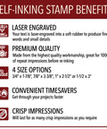 Self-Inking Stamp Benefits listing features like size options, premium quality, and laser engraving for Kickass Custom Text Line Stamps.