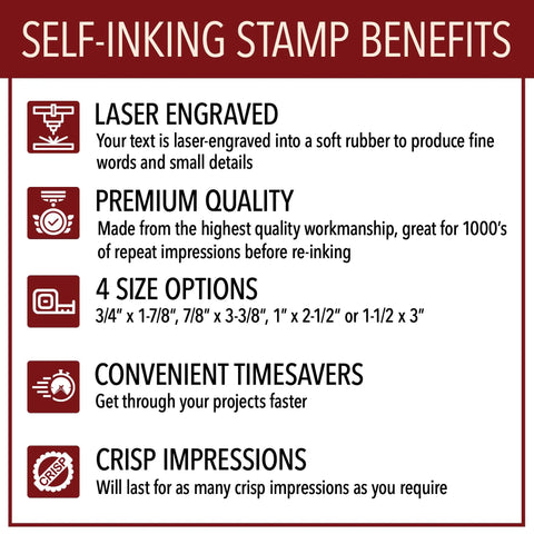 Self-Inking Stamp Benefits listing features like size options, premium quality, and laser engraving for Kickass Custom Text Line Stamps.
