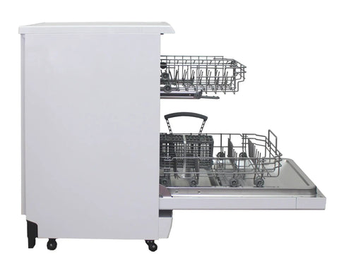 Game Changing 18 Inch Portable Dishwasher With Stainless Steel Tub And Six Hardworking Wash Cycles For No Sweat Cleanup Energy Star Approved Slick White Style Holds Eight Place Settings Daily, side view with open racks.