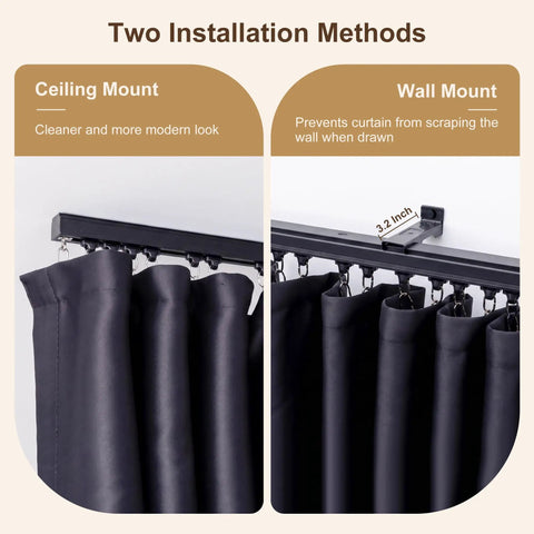 Ceiling Curtain Track System For Bedroom And Living Room, 6 To 9 Feet, Wall Or Ceiling Mounted Rail With Hooks And Easy Install, Black Finish, Snug Gap Free Fit With Embedded Screw Fixed Connector To Prevent Misalignment; ceiling and wall mount shown